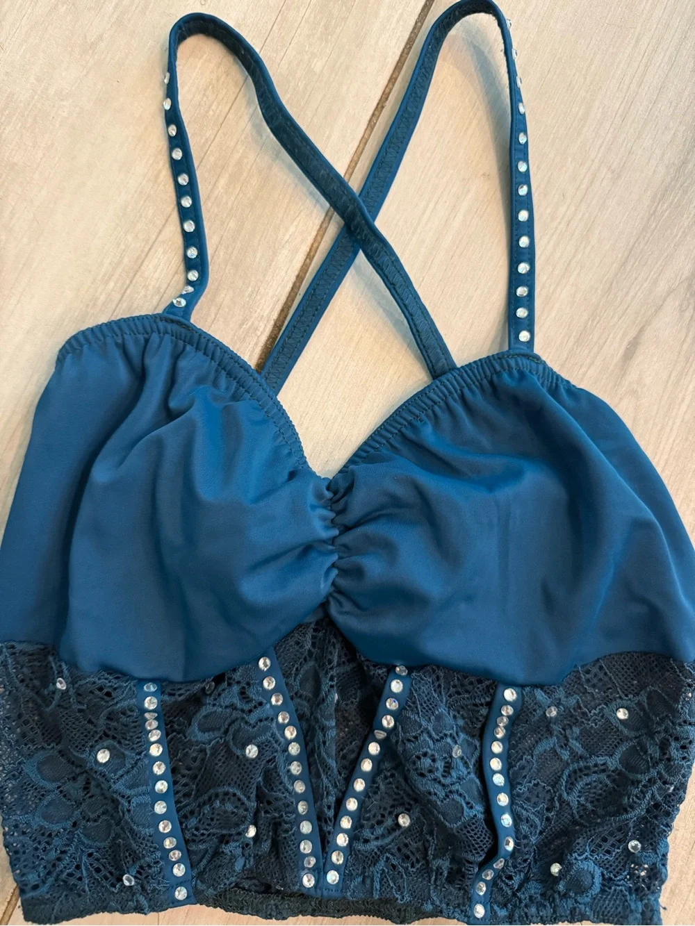 Teal Two-Piece Dance Costume Set with Lace & Rhinestones